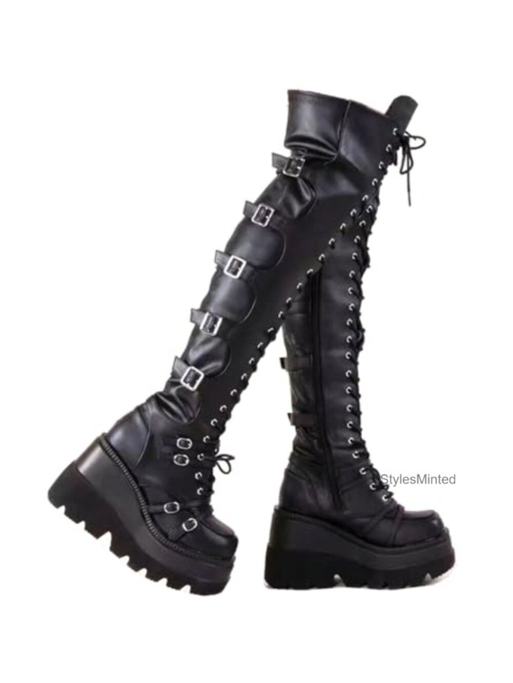Thigh High Platform Boots for Women Chunky Heel Over Knee Lace Up Side Zip Goth
